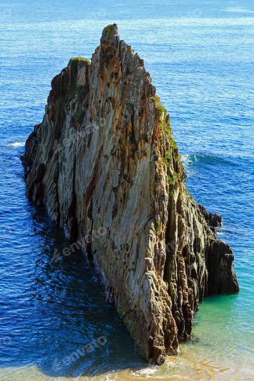Preview: Sandy Mexota Beach And Pointed Rock Near (Spain) Atlantic Ocean Coastline Landscape.