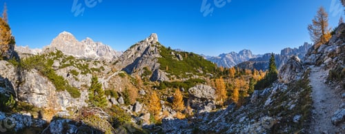 Preview: Sunny Picturesque Autumn Alpine Dolomites Rocky Mountain View From Hiking Path From Giau Pass To