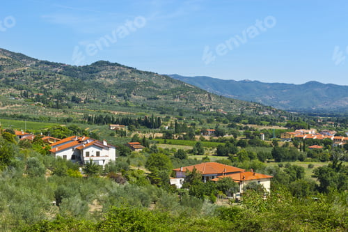 Preview: Tuscany Village Between Olive Trees And Vineyards. Italian Landscape With Farmhouses, Fields
