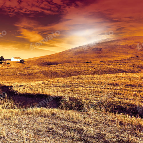 Preview: Farmhouse On The Field After Harvesting At Sunrise In Spain. Breathtaking Landscape And Nature Of