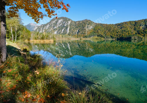 Preview: Sunny Idyllic Colorful Autumn Alpine View. Peaceful Mountain Lake With Clear Transparent Water And