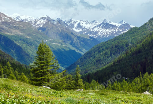 Preview: Summer Mountain Cloudy Landscape With Snow On Mount Top (Alps, Switzerland)