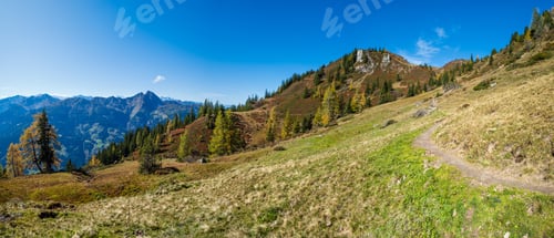 Preview: Sunny Idyllic Autumn Alpine Scene. Peaceful Alps Mountain View From Hiking Path From Dorfgastein To