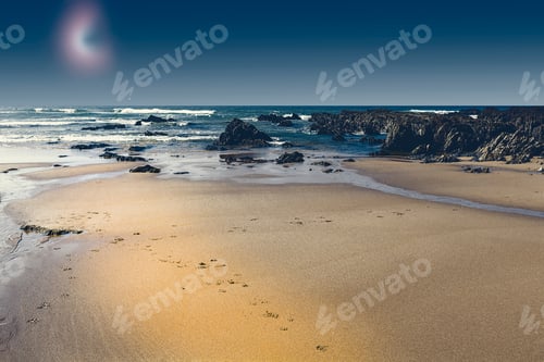 Preview: Portuguese Atlantic Ocean Beach In The Light Of The Moon. Breathtaking Landscape And Nature Of The