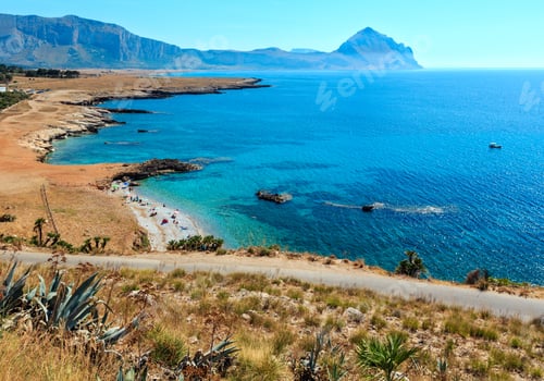 Preview: Azure Tyrrhenian Sea Picturesque Bay, Monte Cofano Mount And Bue Marino Beach View, Macari, San