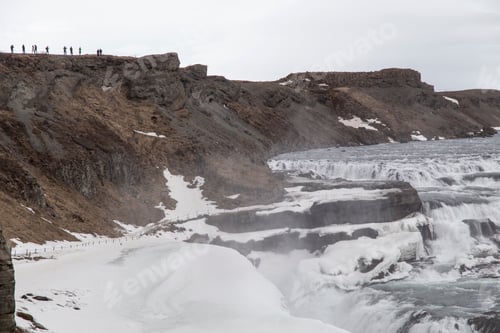 Preview: Amazing Icelandic Winter Landscape Of Majestic Waterfall Of Frozen Gullfoss