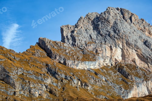 Preview: Picturesque Autumn Alps Mountain Scene, Famous Italian Dolomites Seceda Rock, Sass Rigais