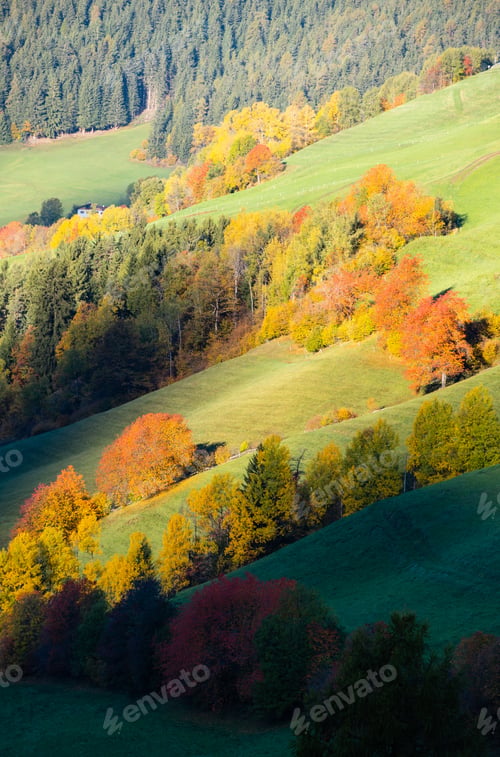Preview: Autumn Sunrise Santa Magdalena Famous Italy Dolomites Mountain Village Environs View In First