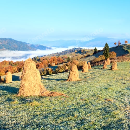 Preview: Autumn Misty Morning Plateau With Stack Of Hay (Mighgirya Village Outskirts, Carpathian Mt'S