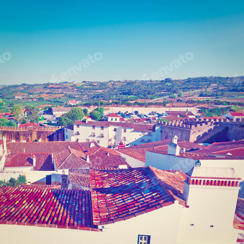 Preview: Aerial View To Historic Center Of The City Of Obidos In Portugal, Instagram Effect