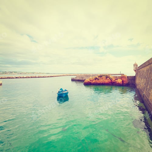 Preview: Boat In A Quiet Harbor On The Atlantic Coast Of Portugal, Vintage Style Toned Picture