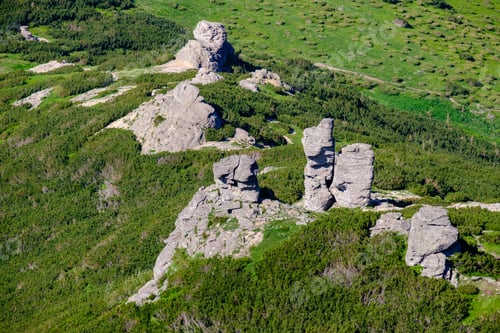 Preview: Big Rocky Vertical Boulders On Summer Mountain Ridge, Carpathian, Chornohora, Vuhatyj Kaminj