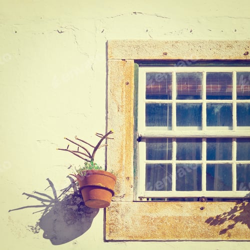 Preview: Window Of Portuguese Home Decorated With Flower, Retro Effect
