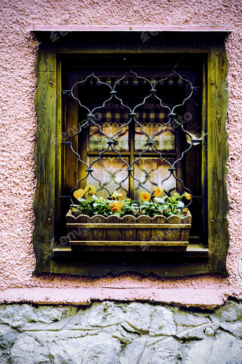 Preview: Typical Window Of A House In A Small Town In Austria. Home In The Austrian City Of Hallstatt On A