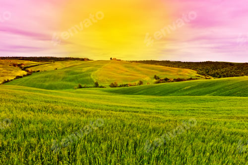 Preview: Farmhouse And Green Sloping Meadows Of Tuscany At Sunset