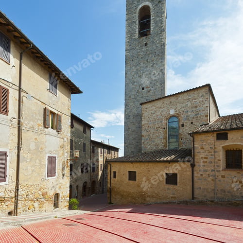 Preview: Square With Bell Tower In The Medieval City Of Gimignano In Italy