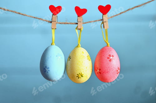 Preview: Easter Eggs Hanging On Rope On Blue Wooden Background