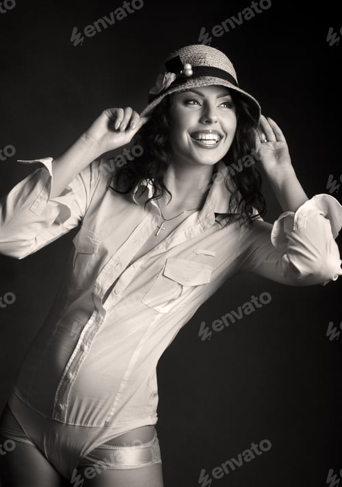 Preview: Young Beautiful Woman In Hat . Flirty Look. Game Emotions. Beautiful Figure