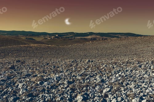 Preview: Fields In Spain After Harvesting In The Light Of The Moon. Breathtaking Landscape And Nature Of The