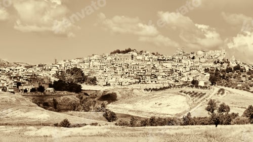 Preview: View To The Medieval City Of Pietraperria In Sicily, Retro Image Filtered Style