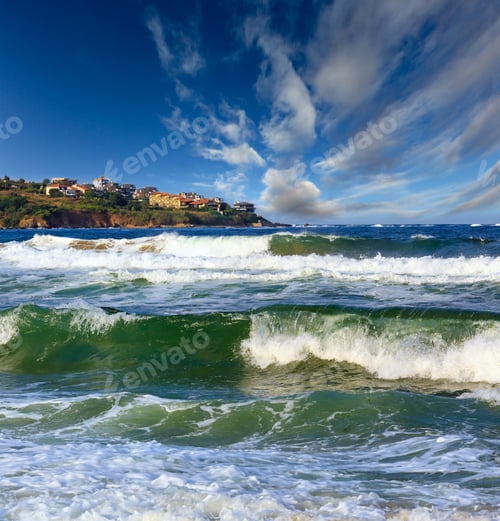 Preview: Sea Stormy View From Beach And Houses On Coast , Bulgaria.