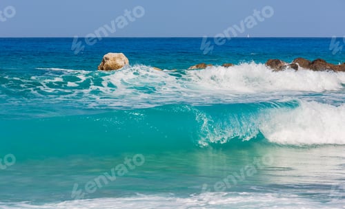 Preview: Sea Surf Wave And Beautiful Summer Lefkada Coast View, Greece, Ionian Sea.