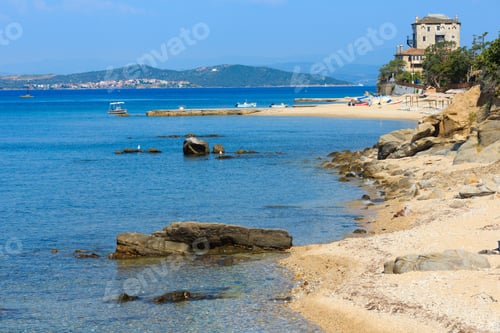 Preview: Ouranoupoli Village Coast Summer View (Athos Peninsula, Chalcidice, Greece). People Unrecognizable.