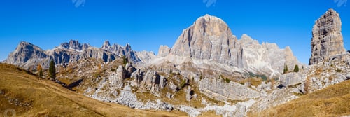 Preview: Sunny Autumn Alpine Dolomites Rocky Mountain Scene, Sudtirol, Italy. Cinque Torri (Five Pillars Or