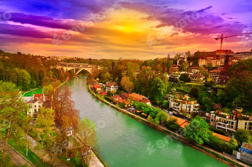 Preview: Bird'S Eye View Of The City Of Berne And River Aare, Sunset