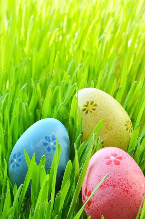Preview: Painted Easter Eggs In A Green Grass On A Meadow. Happy Easter.