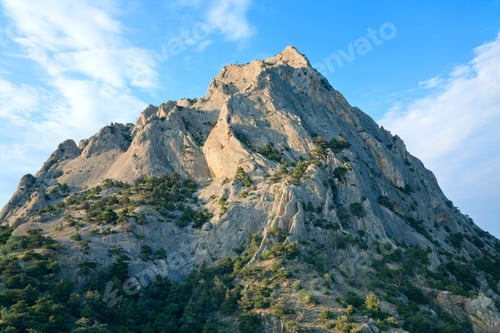 Preview: Rock With Conifer Trees On Blue Sky Background ("Sokol" Rock, "Novyj Svit", Crimea, Ukraine).