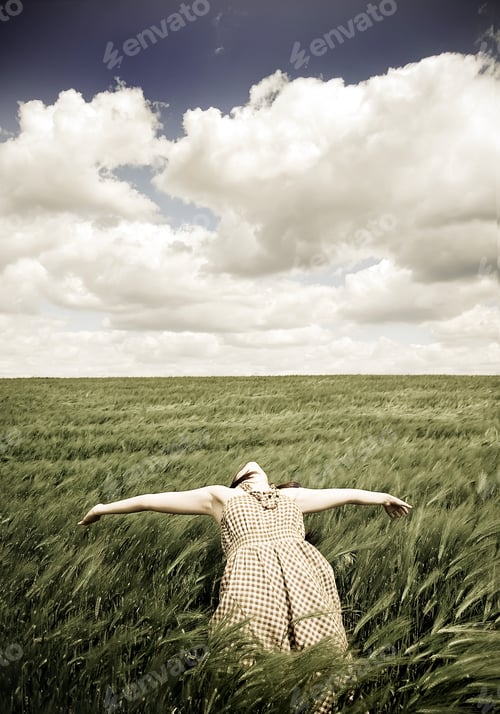 Preview: Beautiful Young Girl Lying At Green Field, Photo In Retro Style.