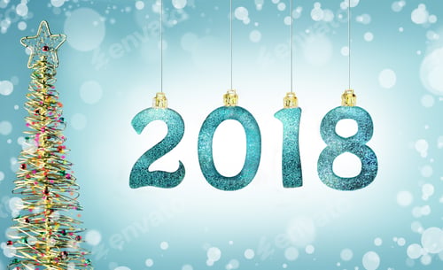 Preview: Set Of Silver Shiny Digits On Glitter Background. New Year 2018 Background. Christmas.