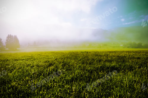 Preview: Morning Mist Over The Austrian Landscape With Forests, Fields, Pastures And Meadows. Vintage Style