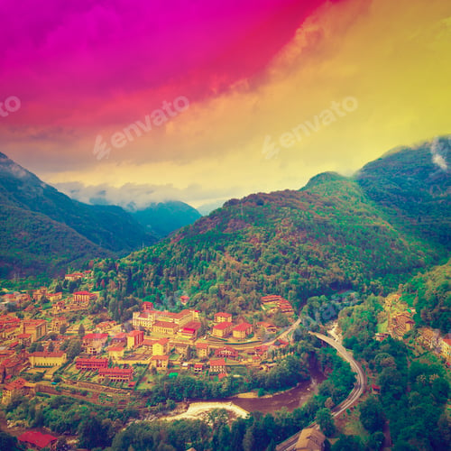 Preview: Aerial View Of The Medieval City And Surrounding Alpine Landscape In Italy At Sunset, Instagram