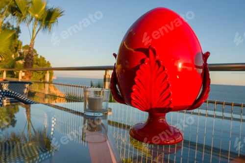 Preview: Exterior Of Mediterranean Villa. Villa Terrace Overlooking Sea, Summer Day Spain