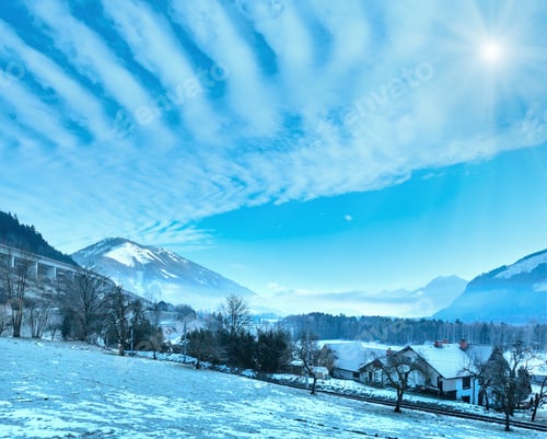 Preview: Winter Mountain Sunshiny Village Hazy Landscape (Austria).