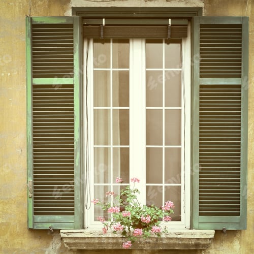 Preview: Italian Window With Open Wooden Shutters, Decorated With Fresh Flowers, Instagram Effect