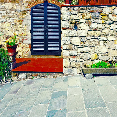 Preview: Italian Door Decorated With Fresh Flowers, Vintage Style Toned Picture