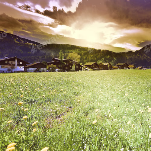 Preview: The Small Village High Up In The Swiss Alps At Sunset, Vintage Style Toned Picture