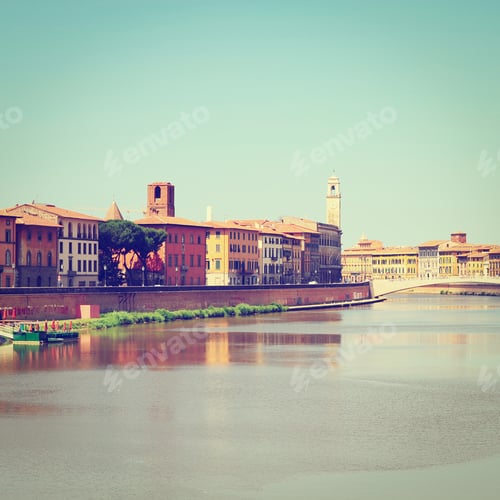 Preview: Embankment Of The River Arno In Italian City Of Pisa, Instagram Effect