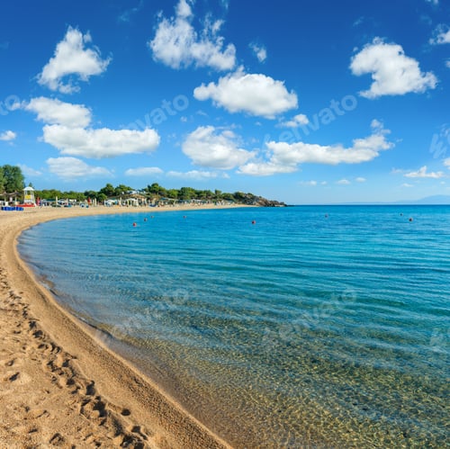 Preview: Summer Morning Platanitsi Beach (Chalkidiki, Greece). Deep Blue Sky With Some Cumulus Clouds. Two
