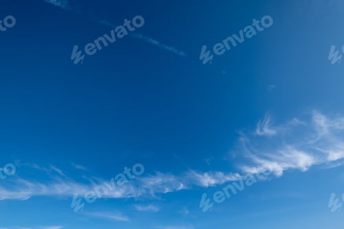Preview: White Fluffy Cirrus And Cirrocumulus Clouds In Deep Blue Azure Sky. Summer Good Weather Concept