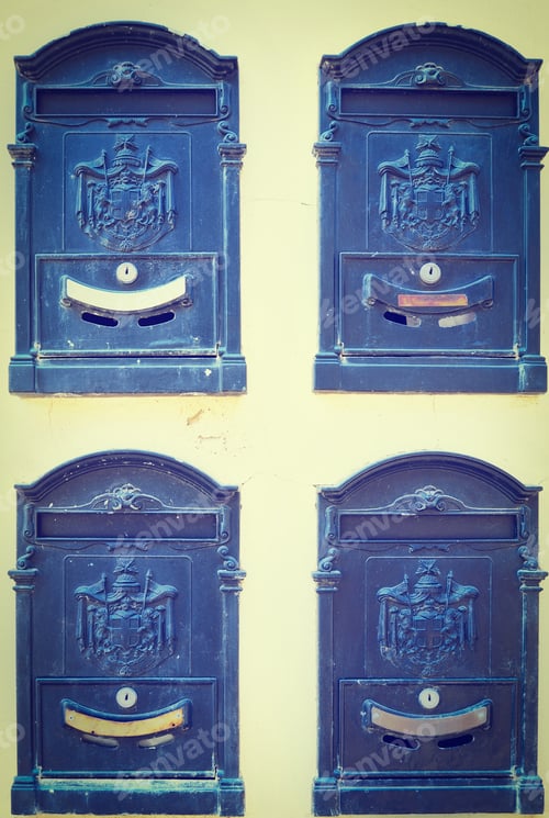 Preview: Blue Post Boxes On The White Wall, Instagram Effect