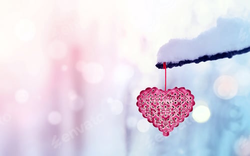 Preview: Red Heart On Snowy Tree Branch In Winter. Holidays. Happy Valentines Day Celebration. Heart Love