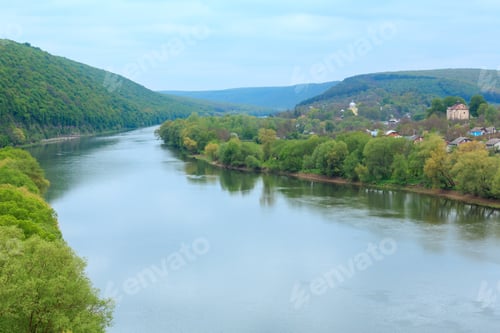 Preview: Top Picturesque View Of The Dnister River And Village. Spring, Ustechko, Ternopil Region, Ukraine
