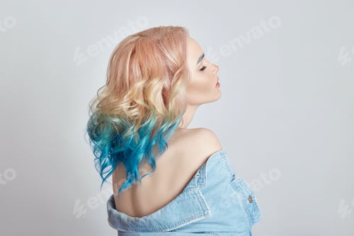 Preview: Portrait Woman With Bright Colored Flying Hair, All Shades Purple Blue. Hair Coloring, Beautiful
