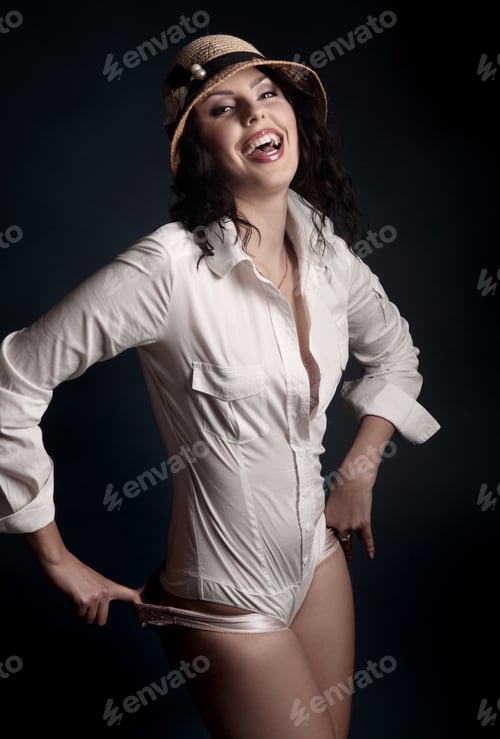 Preview: Woman in White Shirt and Straw Hat Posing