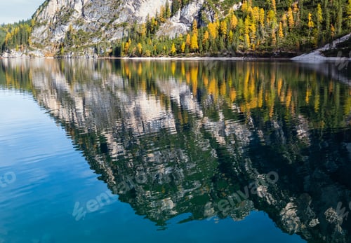 Preview: Autumn Peaceful Alpine Lake Braies Or Pragser Wildsee. Fanes-Sennes-Prags National Park, South