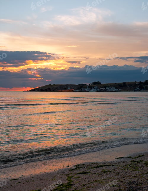Preview: Sea Sunset With Cape And Ships. Two Shots Composite Picture.